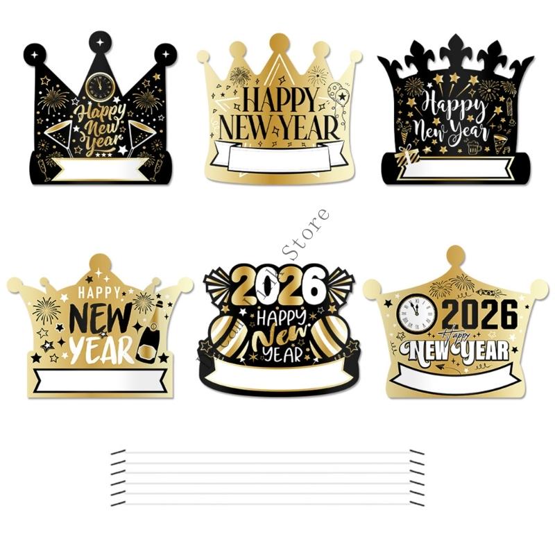 Q1FD Pack Of 6 New Year Crown Hat Thick Paperboard Comfortable Headwears Elegant 2026 Celebration Accessories
