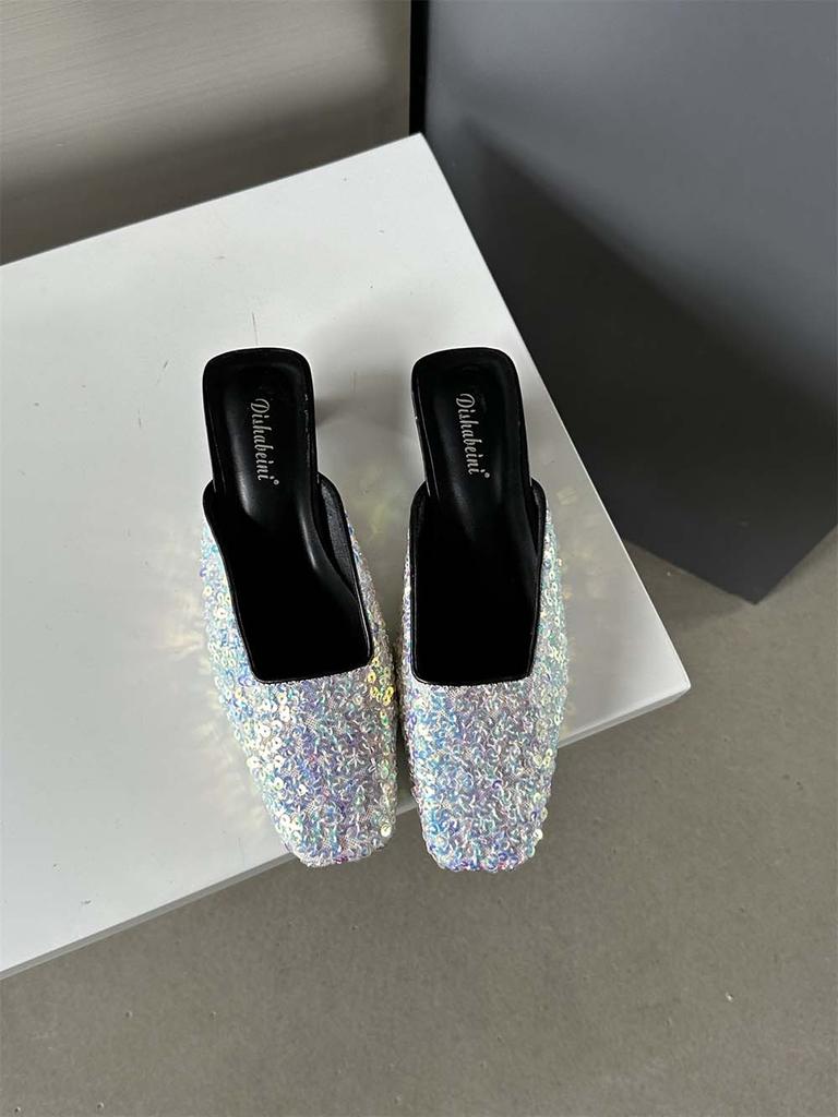 Fashion Square Toe Women Slides Slippers Summer Outside Dress Shoes Black Silver 2024 New Arrivals Party Thin Low Heels Sequined Cloth