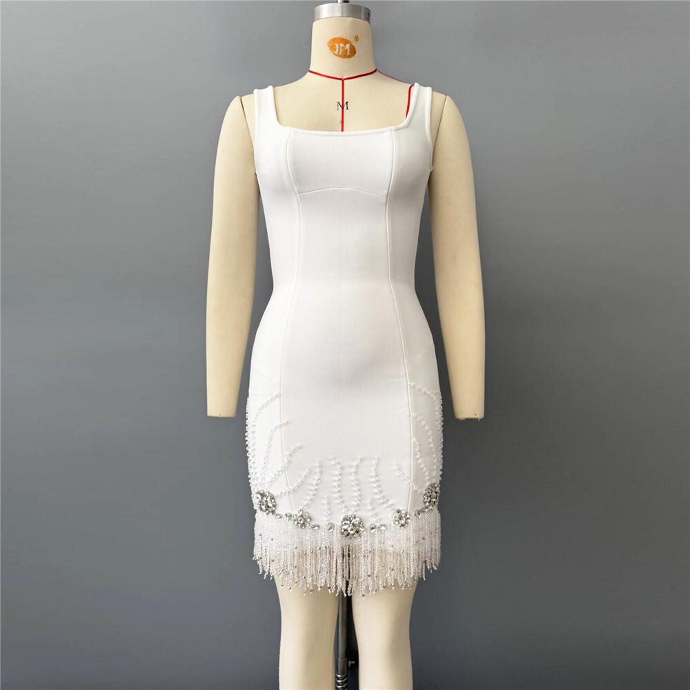 Elegant Rhinestone Tassel Waist-Cinched Bodycon Dress - European & American Style Medium белый