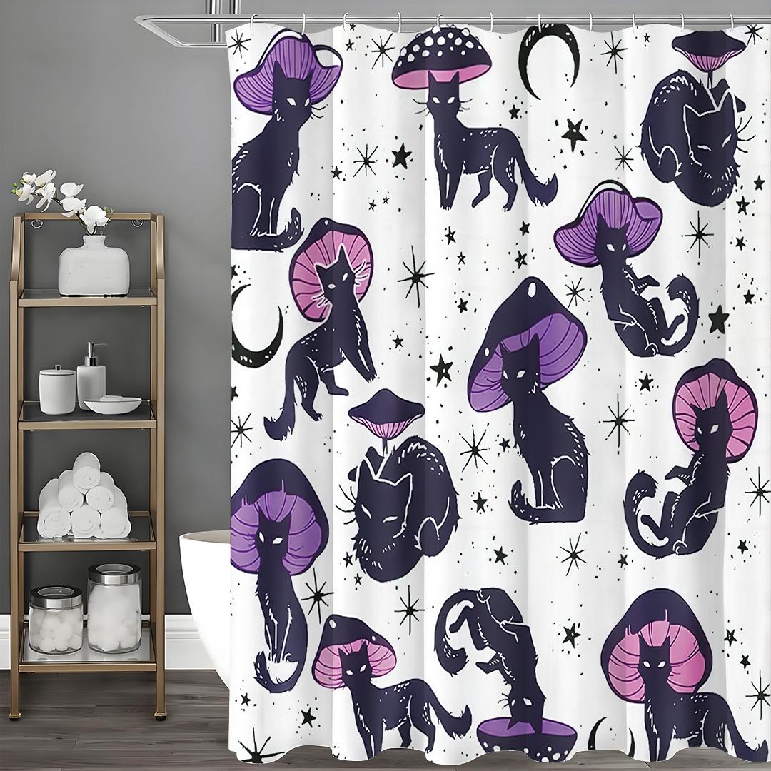 

Милый кот гриб красивый уникальный интересный черный фиолетовый белый занавеска для душа, декоративная занавеска для душа для ванной комнаты, водонепроницаемая 90*180cm