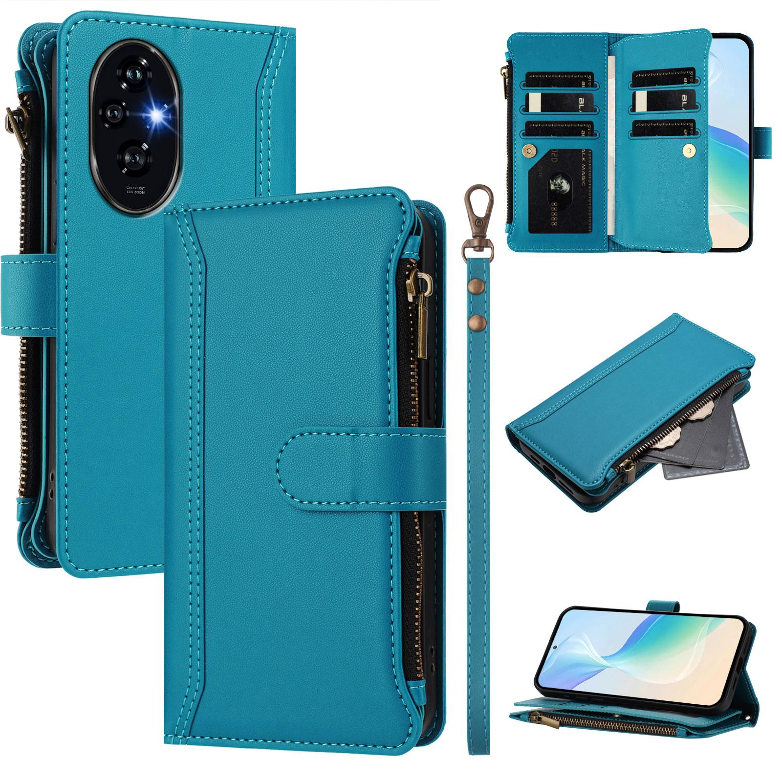 

For Honor 200 5G Leather Case 9 Card Slots Zipper Wallet Stand Phone Cover with Wrist Strap Lake Blue
