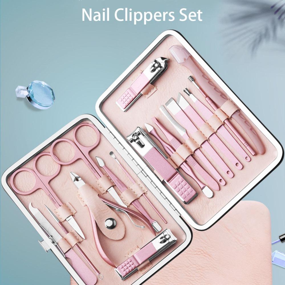 18PCS Stainless Steel Nail Clippers Set Portable Rose Gold Nail Art Tool Set PU Leather Case Nail Care Kit Nail Salons