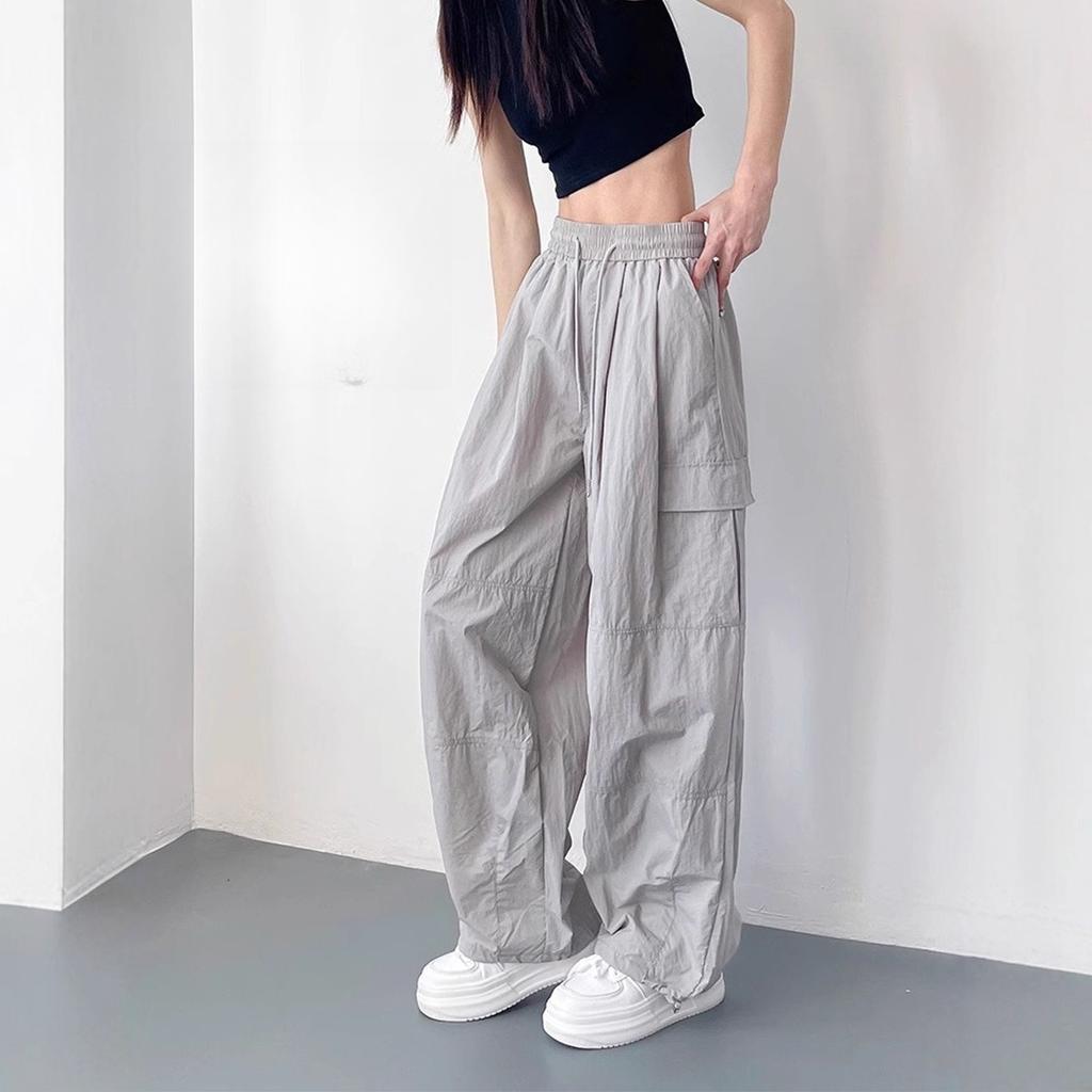 Large Size Overalls Women's Autumn Loose and Thin Cool Sa Style Casual Pants Drape Wide Leg Pants Elastic Drawstring Waist Casual Pants