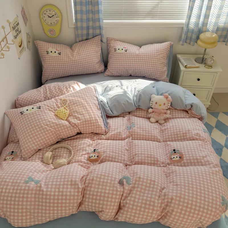 New Student Cartoon Washed Cotton Towel Embroidered Three or Four-piece Set Bed Sheet Quilt Cover Mattress Bedding