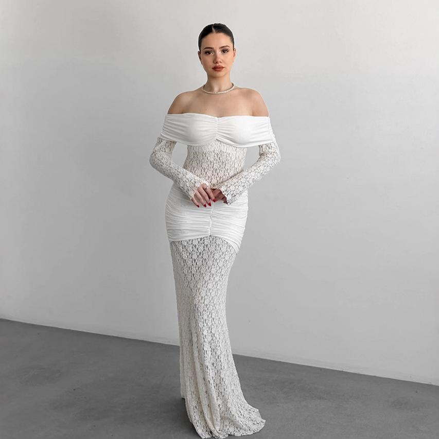 Pure desire French white lace hollow dress female sexy one-word shoulder long sleeve s-shaped hip skirt evening dress