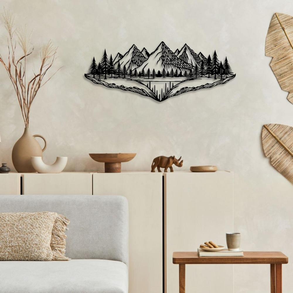 Pine Mountain Forest Metal Wall Art Black Line Decor for Living Room Bedroom Bathroom