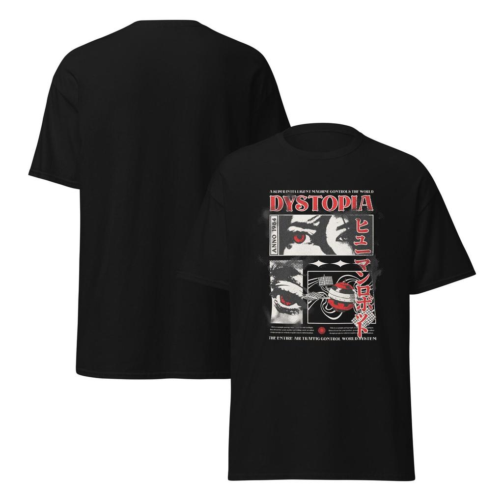 Dystopia T-Shirt, Retro Anime Dystopian Graphic Tee, Red Eye Cyber Control Design, 1984-Inspired Japanese Manga Shirt