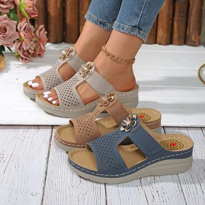 Women’s Floral Stitch Round-Toe Low-Cut Wedge Sandals, Casual Summer Slip-Ons
