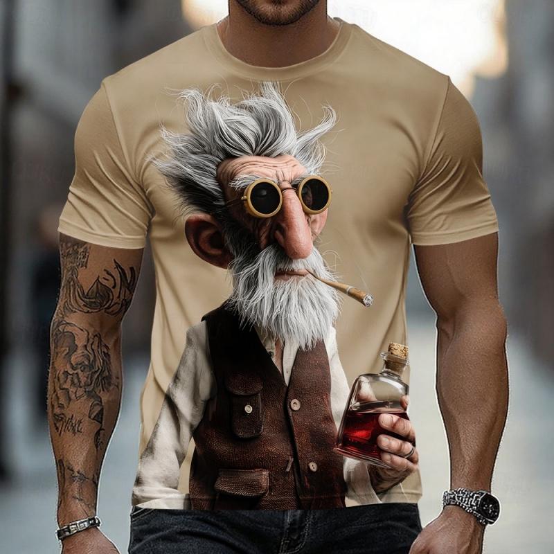 3D Gedrucktes Vintage Alter Mann Grafik T-Shirt Für Männer Zigarette Wein Charakter Muster Tees Sommer Kurzarm Rundhals Oberteile