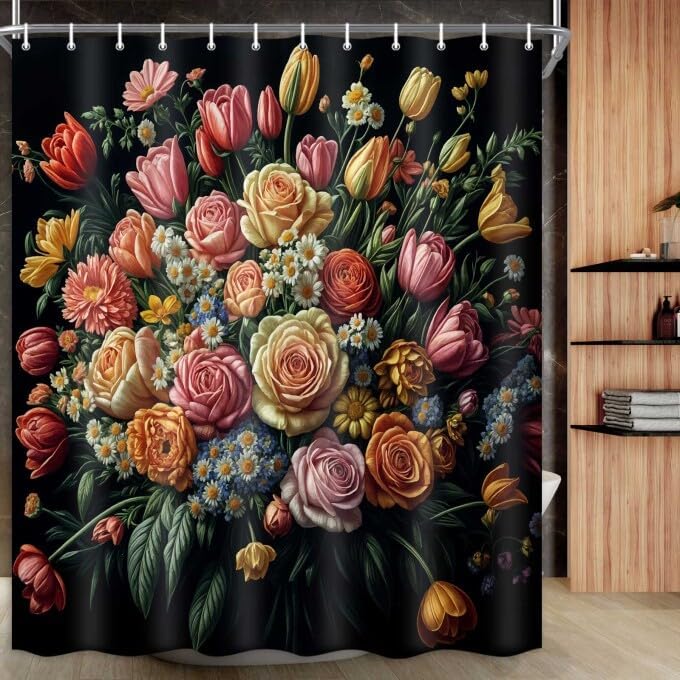 Textile Article Black Vintage Floral Shower Curtain For Bathroom, Boho Floral Shower Curtain Farmhouse Flowers Bathroom Curtains