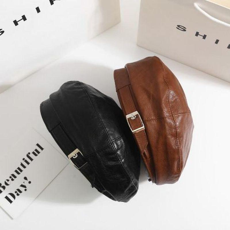 Beret Female  Pu Leather Ins British Retro Wild Painter Hat Temperament Leather Hat