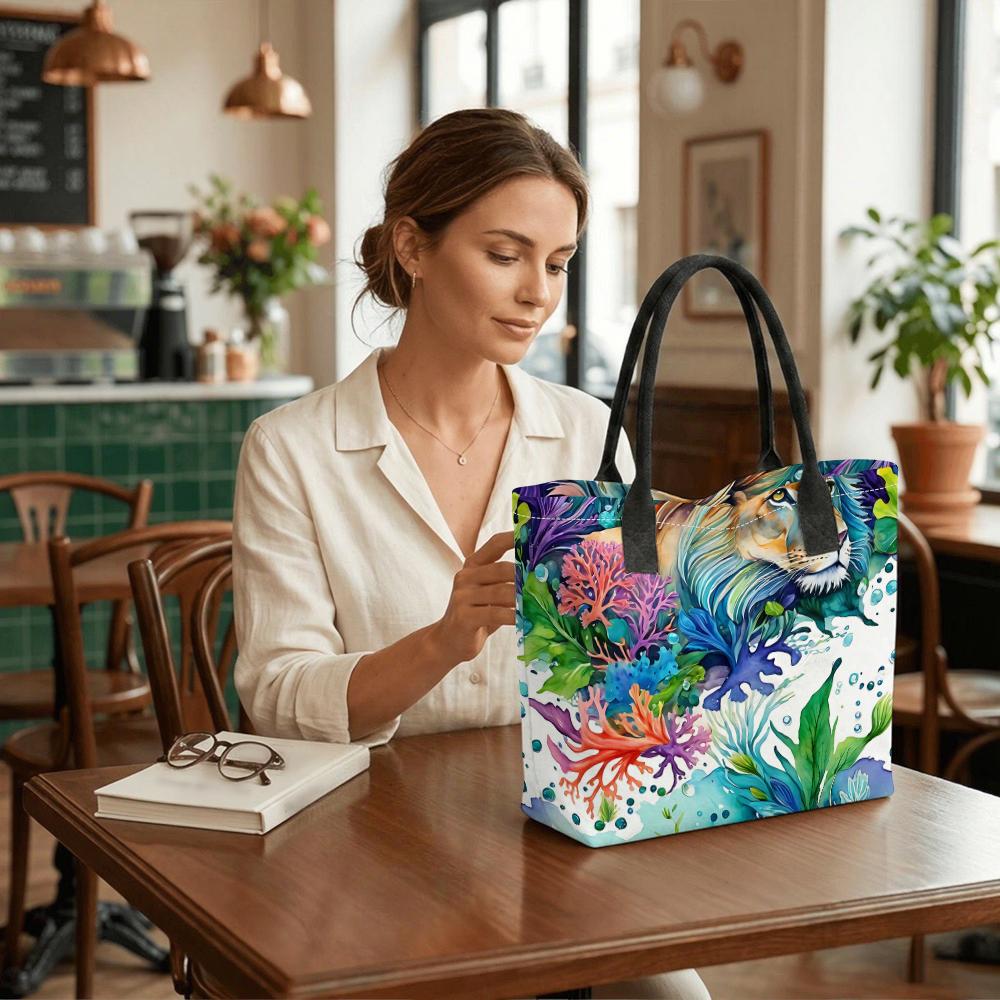 Watercolor Lion Pattern Tote Bag Fashion Large Capacity Casual Shoulder Handbag