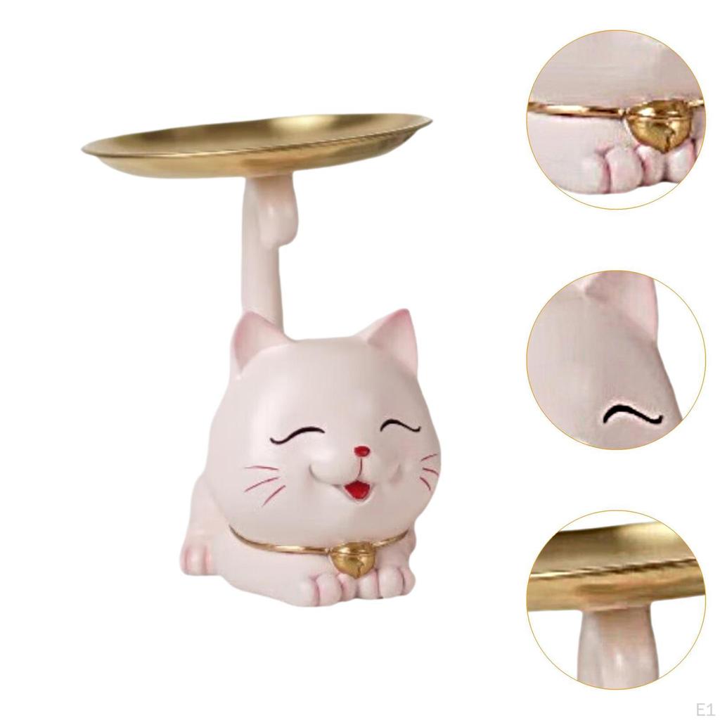 Cartoon Cat Statue Organizer Tray Animal Sculpture Fine Workmanship Resin Kitten Figurine Desk