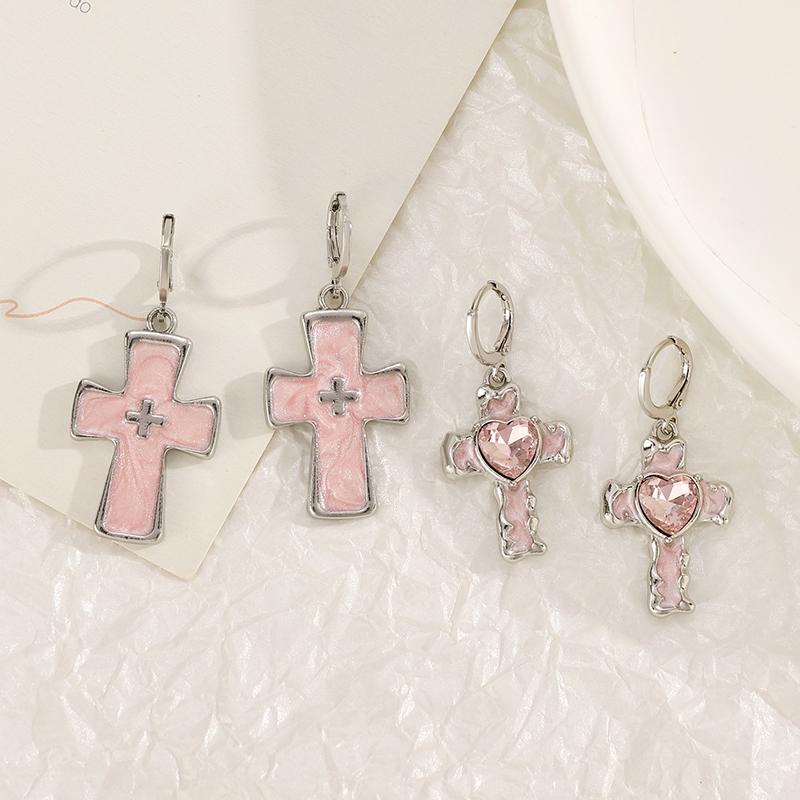 Vintage Gothic Black Heart Shaped Kitten Inlaid With Pink Zircon Earrings Creative Cool Cross Heart Shaped Sweet Jewelry Gift