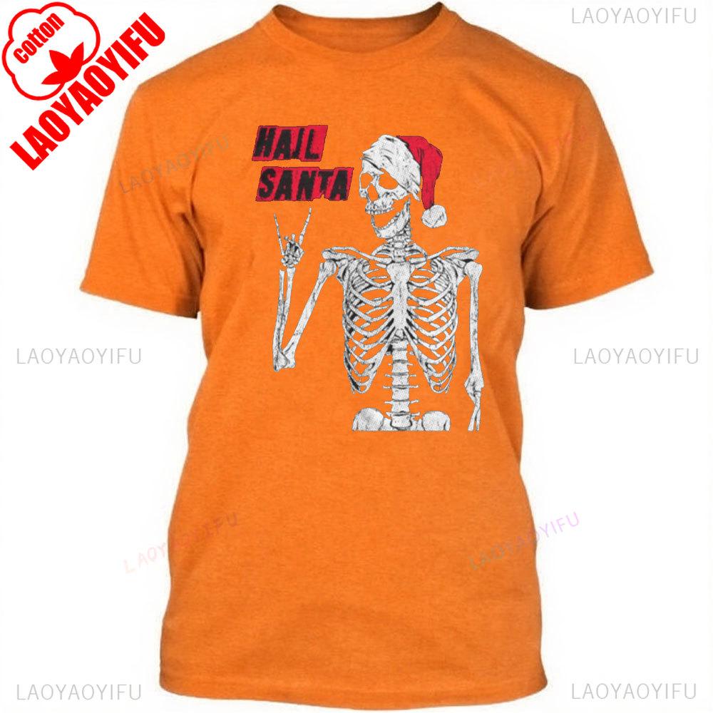 Mens Hail Santa T Shirt Funny Xmas Skeleton Metal Horns Joke Tee for Guys High Quality Cotton Tops Aesthetic Clothes