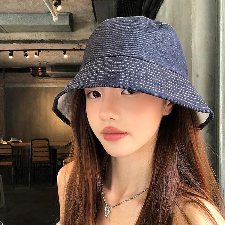 Retro Double-sided Can Wear Denim Bucket Hat Women's Summer Face Small Versatile Bucket Hat Sunshade Sunscreen Basin Hat