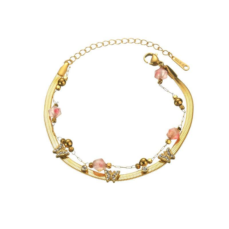 Double Layer Titanium Steel Gold Plated Heart Butterfly CZ Crystal Bracelet Women Fashion Chain Jewelry
