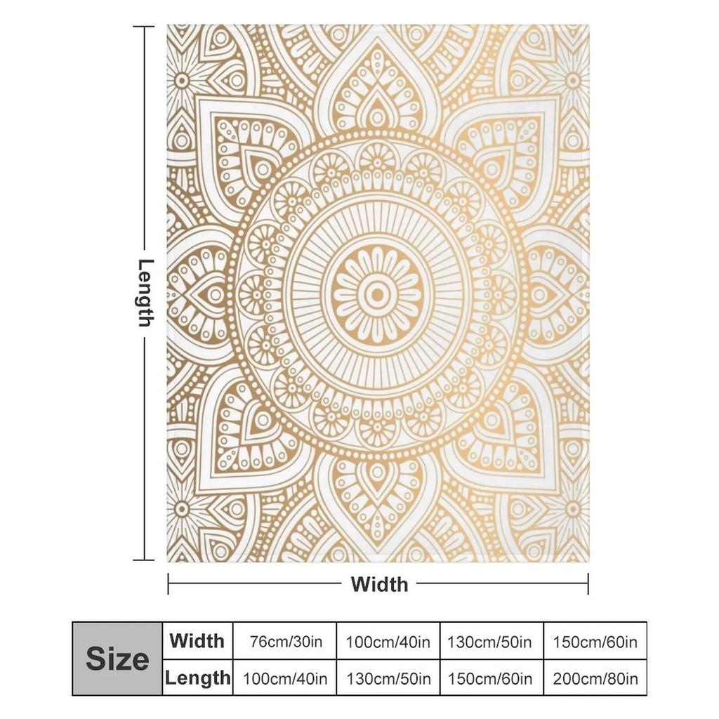 Gold Mandala Pattern Illustration With White Shimmer Throw Blanket Stylish Warm Blanket For Living Room Bedroom