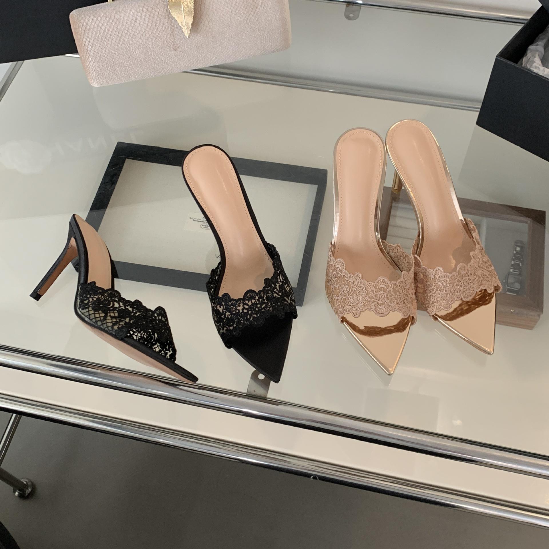 

2025 autumn new rhinestone breathable mesh stiletto pointed open-toed banquet half-drag women s sandals 39 чёрный