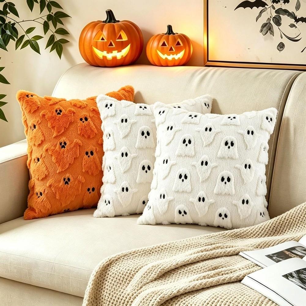 Halloween Throw Pillow Cover Ghost Black Bat Cushion Covers Soft Stuffed Pillow Case  Holiday Decor