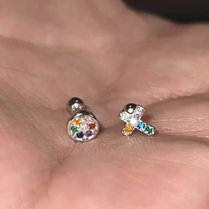 Colored Metal Stud Earrings Cross Round Design Stud Earrings Simple And Versatile Niche Earrings