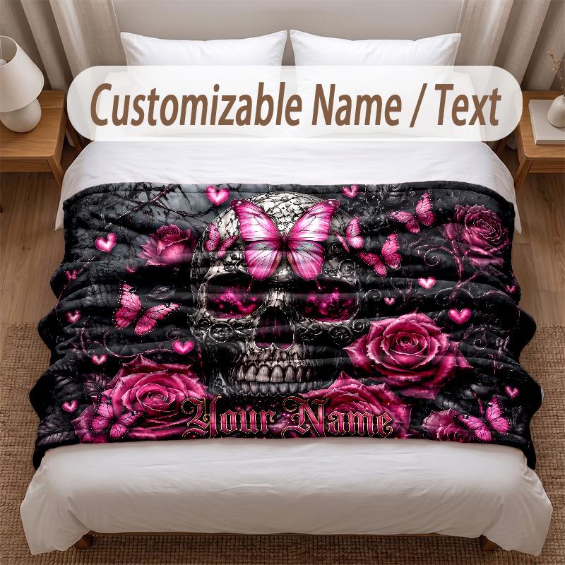 Skull Gothic Theme Soft Blanket Personalized Custom Name Text Print Warm Blanket Home Sofa Bedroom Decor