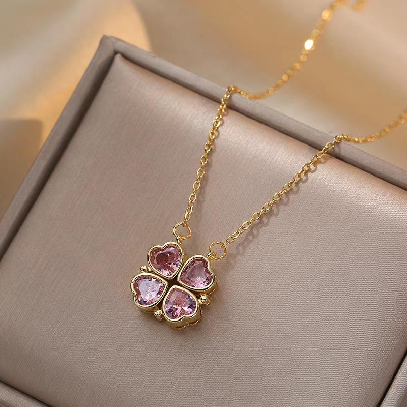 Double Layer Four-Leaf Clover Titanium Steel Necklace: Japanese & Korean Women's Heart Clavicle Chain