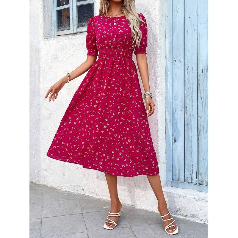 Sweet Summer New Arrival European Fashion Round Neck Small Floral Elastic Waist Tight Waist Puff Short Sleeve Mid Length Long Length Dress