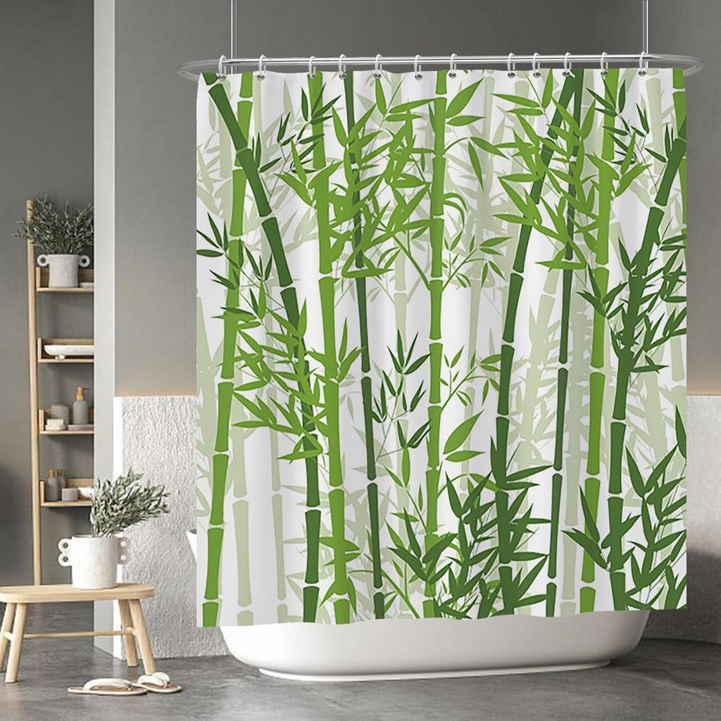 Watercolour Bamboo Shower Curtain Sets Sage Green Botanical Leaves Bath Curtains Shower with 12 Hooks Asian Art Meditation Zen