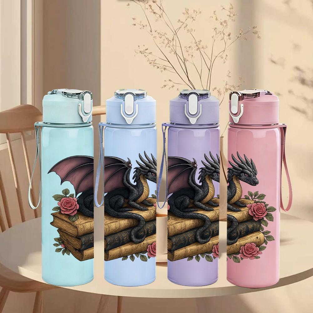 1PC Floral Dark Dragon 750ml Color Plastic Sports Water Bottle Leakproof Flip Straw Lid Suitable for Sports Office Home Use
