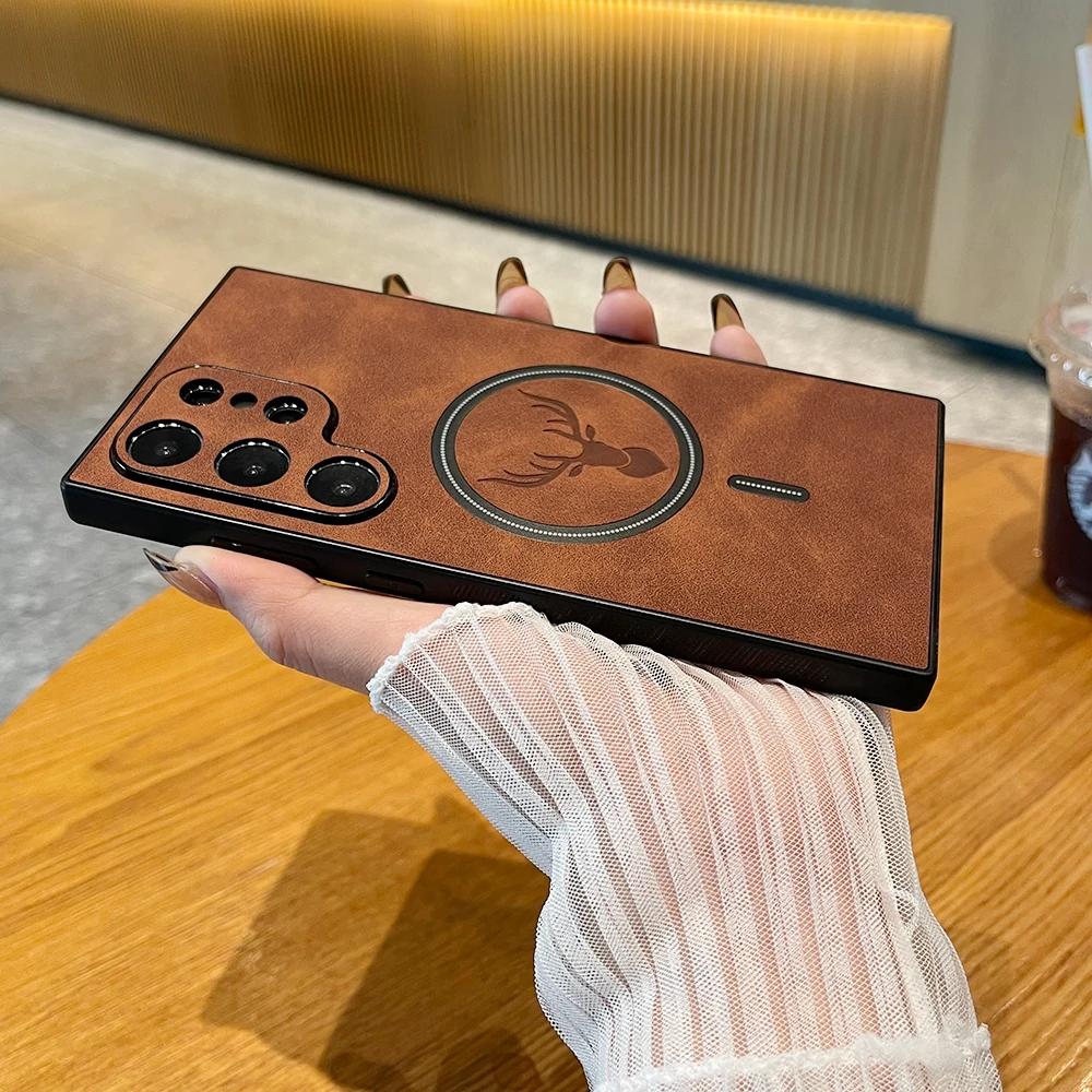Luxury For Magnetic Wireless Charging Leather Phone Case For Samsung Galaxy S25 Ultra Elk Deer Shell Shockproof Phone Cover