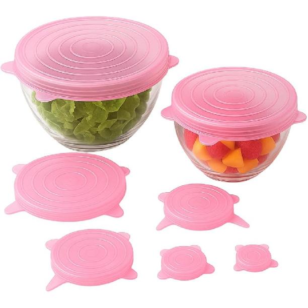 Silicone Stretch Lids Pink (6 Pack) Reble Airtight Food Covers for Bowls, Containers & Fruits |Elastic BPA-Free Stretchable Lids | Microwave, Freezer