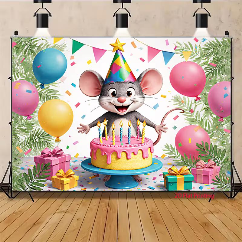 2D Cartoon Animal Birthday Backdrop with Party Hat and Gifts