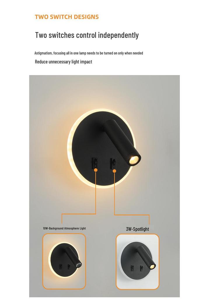 Applique Murale LED Ronde Minimaliste avec Interrupteur et Port de Chargement USB pour Chambre à Coucher Lecture
