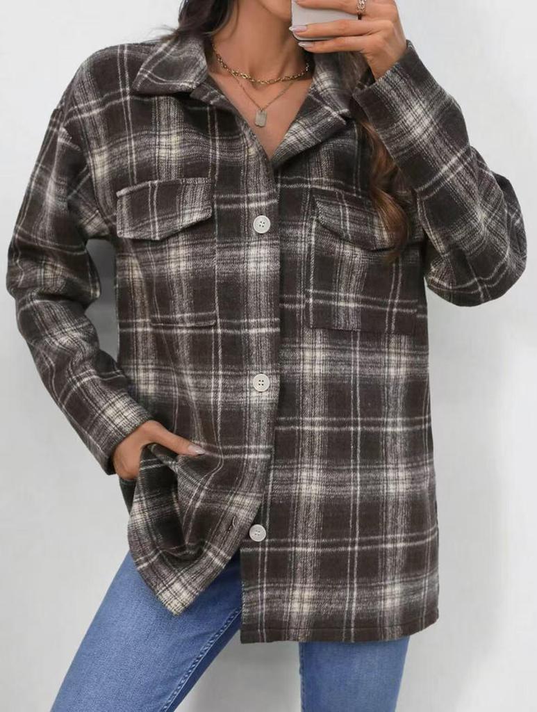 2025 European & American Women's New Flannel Plaid Casual Loose Shirt Jacket