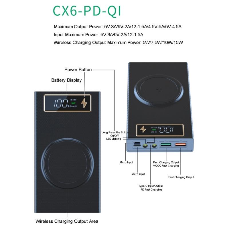 6x18650 Battery Storage Box PD Quick Charge Power Bank Case Support Wireless Charging/Quick Charging Functions