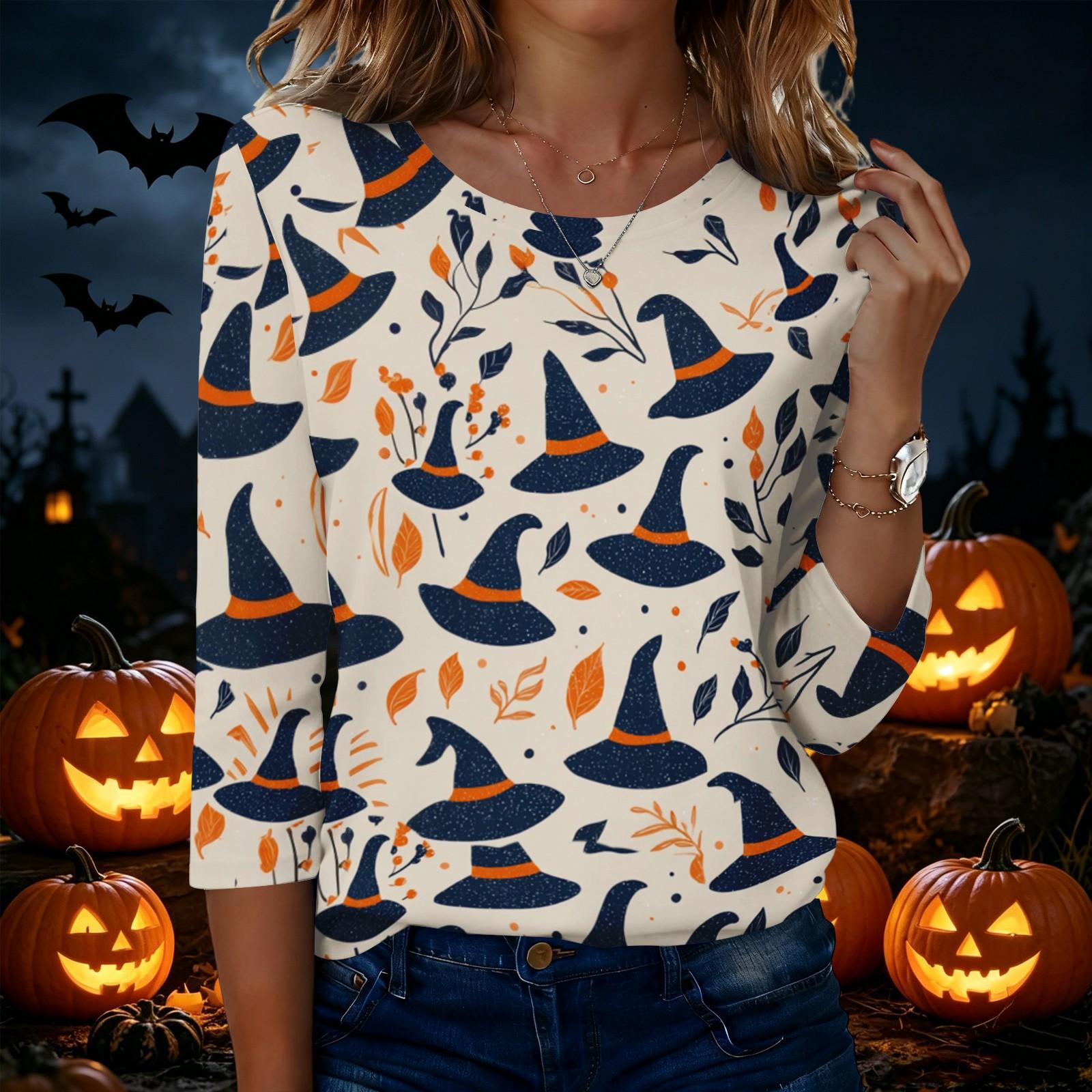 Women s Halloween Print Neck Three-Quarter Sleeve T-Shirt Casual Top XXL