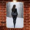 Hisun Tin Sign Gorgeous Curvy Brunette Model in Black Leather Catsuit Walking in Snowy Forest Vintage Metal Tin Sign Retro Iron Painting Wall