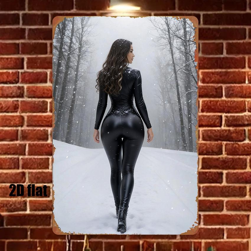 Hisun Tin Sign Gorgeous Curvy Brunette Model in Black Leather Catsuit Walking in Snowy Forest Vintage Metal Tin Sign Retro Iron Painting Wall