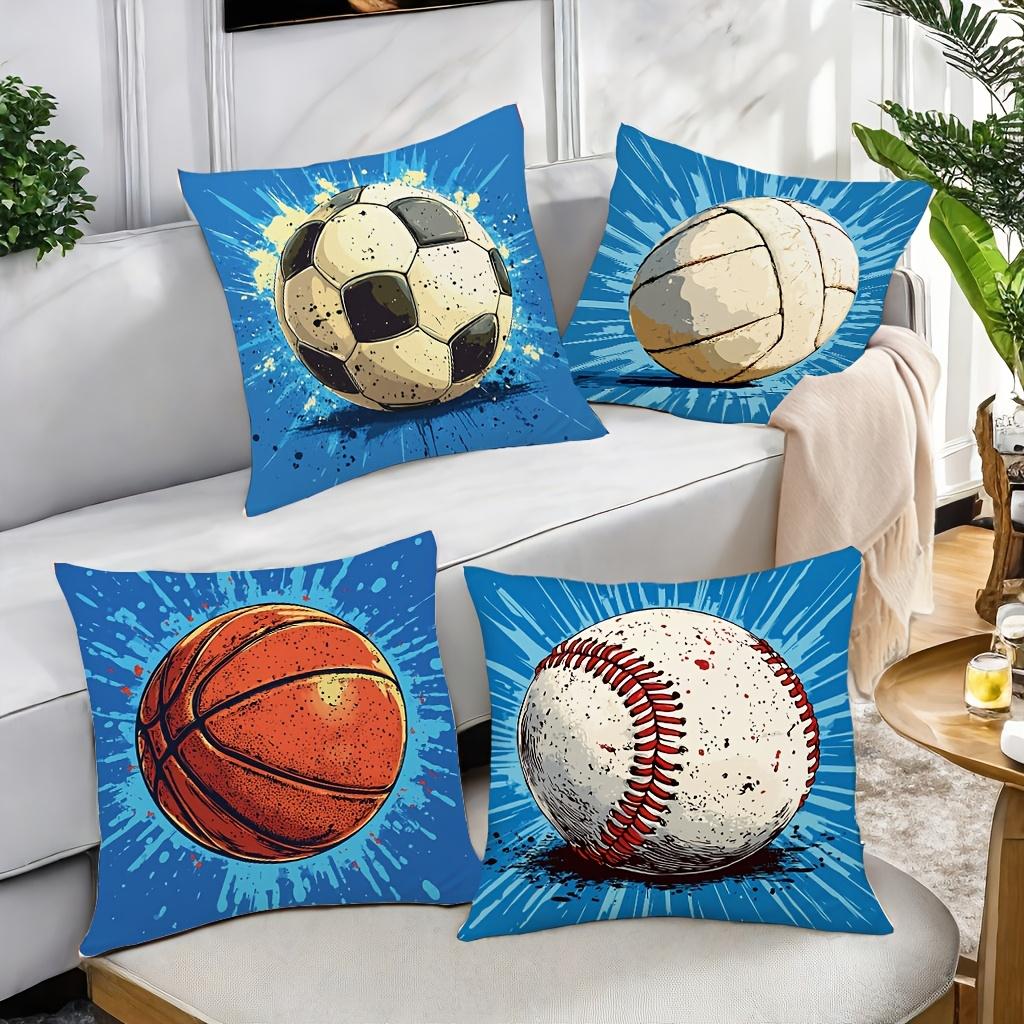 Double-Sided Printed Throw Pillow Covers, Retro Soccer Volleyball Basketball Baseball Print Cushion Cases, Sports Fan Home Decor