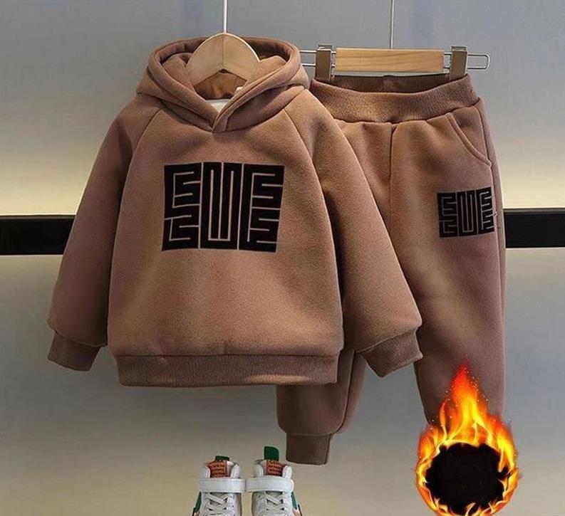 Kids Sweatshirts Sets Winter Children Plus Velvet Thick Warm Suit Boys Girls Hooded Pullover+Pants 2Pcs Cotton Tracksuit Outfits