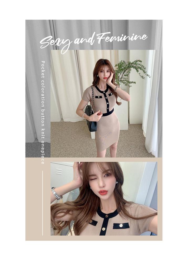 Korean Style Women's Round Neck Short Sleeve Knit Dress with Nail Button Color Blocking, Summer 2026 Bodycon Dress 6093.