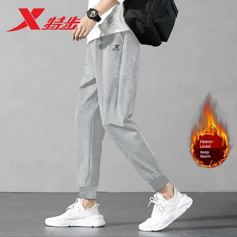 Xtep Fleece-Lined Straight-Leg Sports Pants for Men, Spring Knitted Sweatpants, Thickened Warm Casual Pants, Autumn and Winter Wide-Leg Long Pants