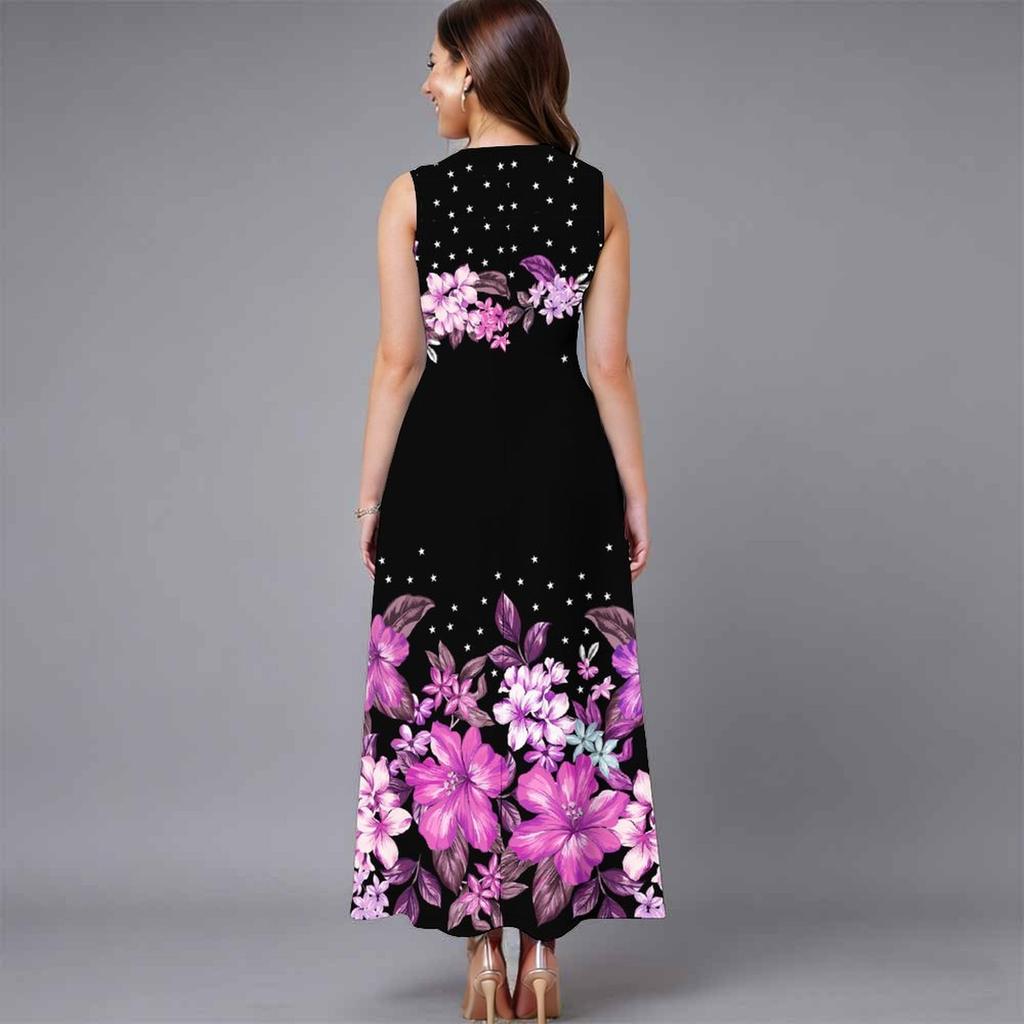 Women Oversized Sleeveless Round Neck Dress Bright Floral Printed Loose Mid Calf Gown