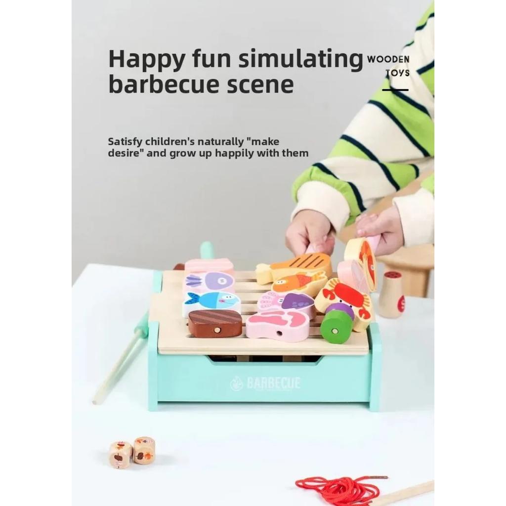 Wooden BBQ Toys Set Kitchen Pretend Play Toys Food Matching Game Children Role-playing Game Fine Motor Toys for Boys Girls