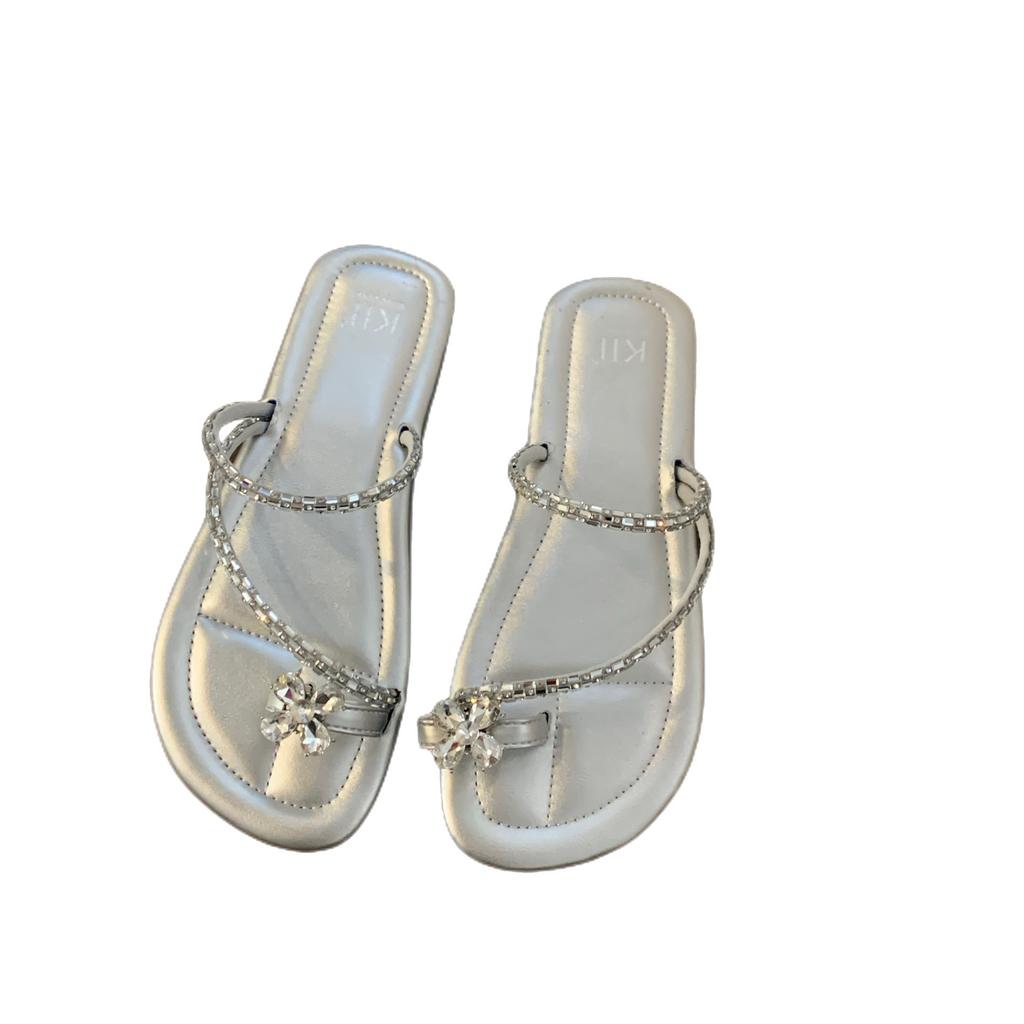 Flat-bottomed French set-toed small cool slippers fairy shoes 2025 new summer soft-soled with skirt rhinestone sandals