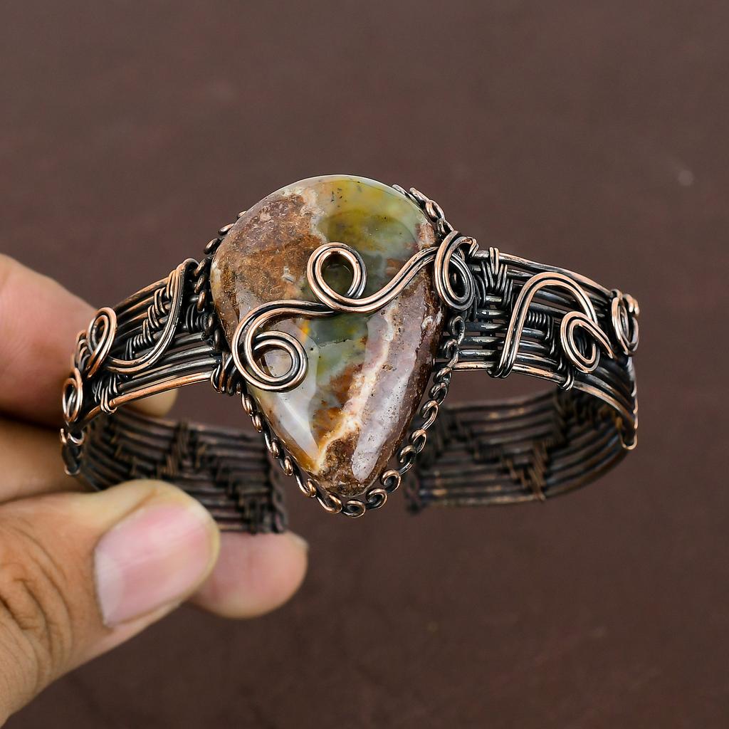 Natural Chrysoprase Gemstone Handmade Copper Wire Wrap Bangle Adjustable L5n72