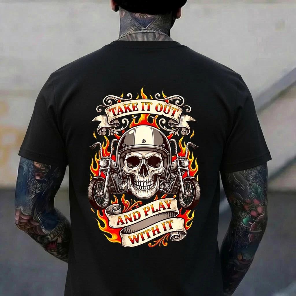 Take it Out Play with it Fire Skull Biker Riding Motorcycle T-Shirt L