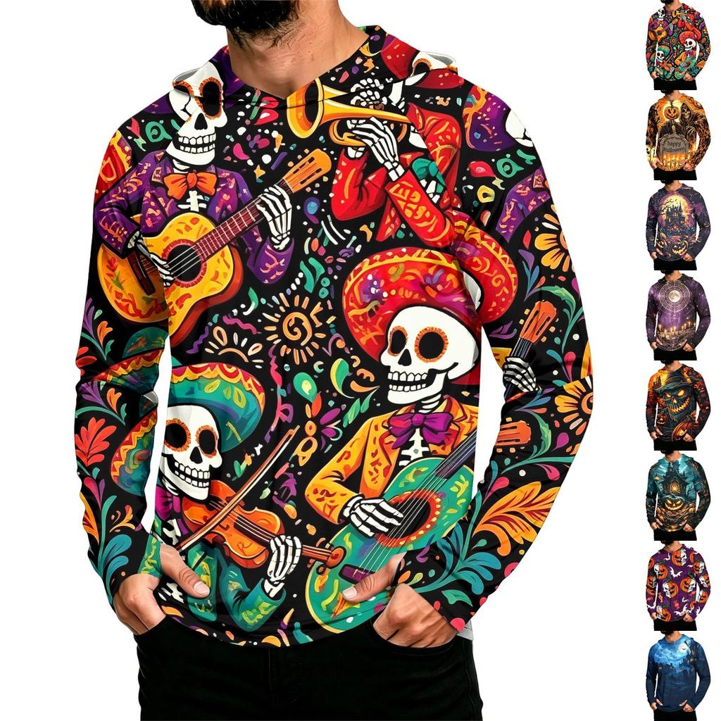 Men's Long Sleeve Hoodie Halloween Print Lightweight Pullover for Casual Wear