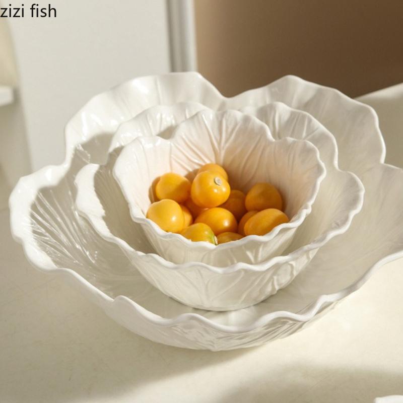 Ceramic Flower Deep Bowl Pure White Oat Breakfast Bowls Fruit Plate Salad Bowl Yogurt Cup Soup Bowls Dining Plate Pasta Dish